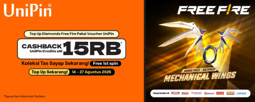 Koleksi Mechanical Wings di Free Fire, Top Up Pakai Voucher UniPin & Nikmati Cashback hingga 15.000 UniPin Credits!